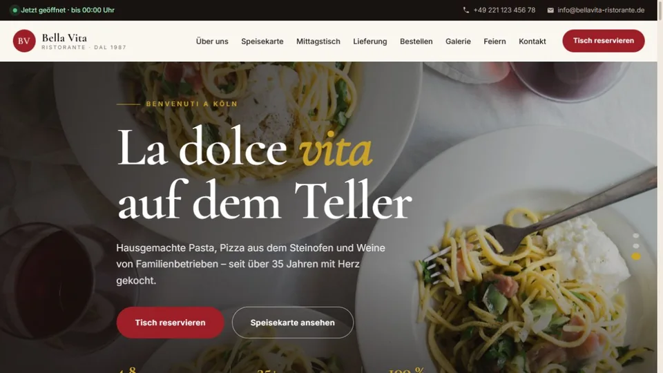 Hero der Restaurant-Website Bella Vita mit italienischen Gerichten und Reservierungsbutton